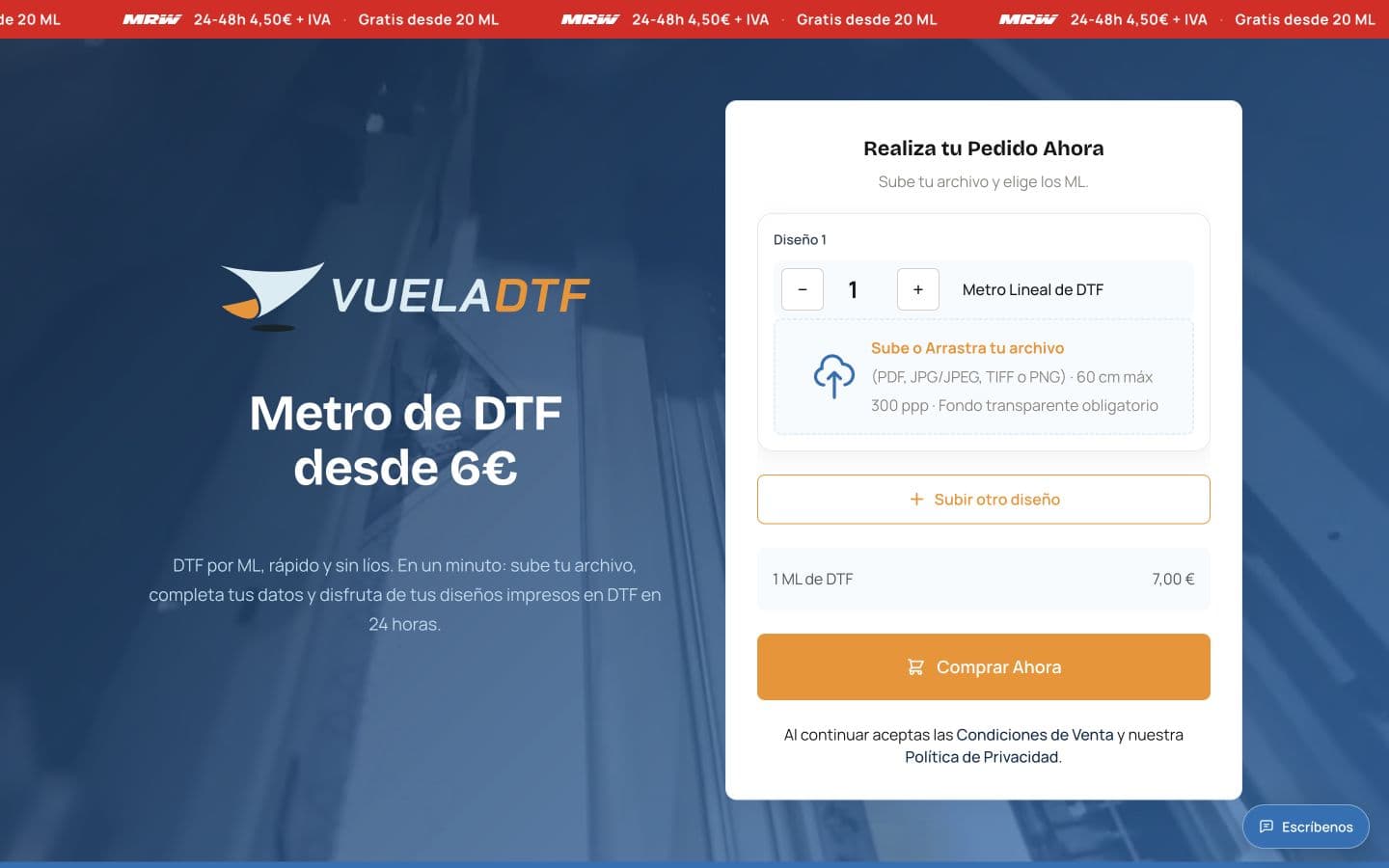 Diseño de la página principal de Vuela DTF