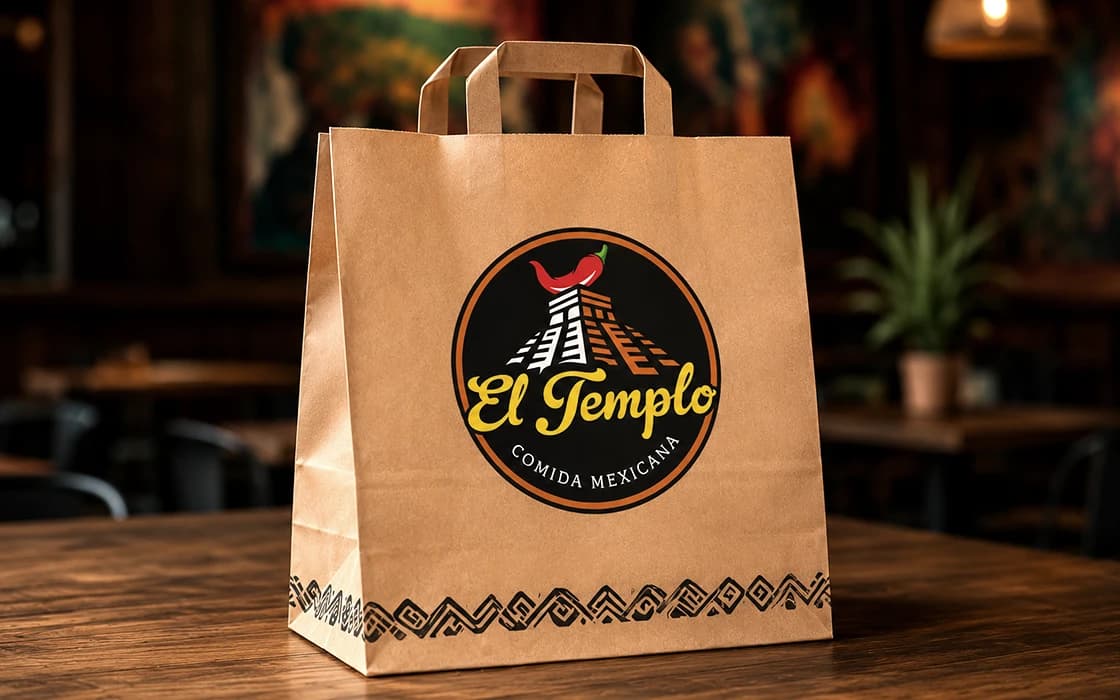 Logotipo de El Templo aplicado en una bolsa de comida mexicana